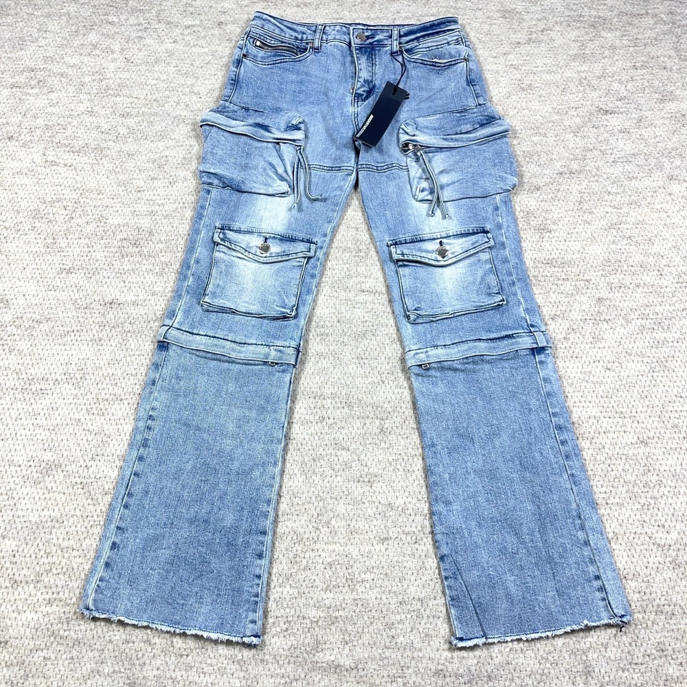 Rockstar Original Jeans Women Size 16 Stacked Flare Cargo Pockets‎ Med Wash
